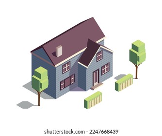 Two storeyed wooden suburban residential building 3d isometric vector illustration