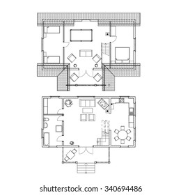 Two storeyfloor plans suburban house. Vector illustrations. Archtectural background.