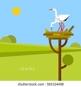 Two stork in the nest. Vector flat illustration.