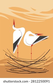 Two storks in a nest vector illustration. Stylized white storks standing in a nest of twigs against a warm orange sky background. Minimalist flat design graphic of wild birds for posters, cards, prints, or educational use.