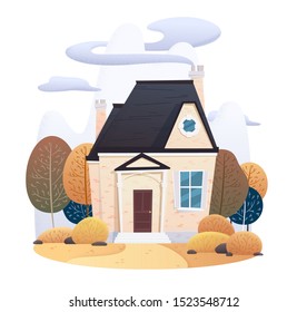 Two story autumn house with falling leaves and decorated with pumpkins on isolated background