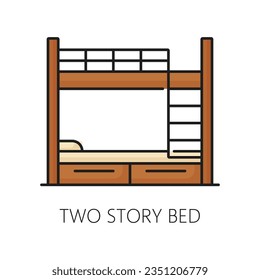 Two story bed furniture icon, home interior. House or hotel bedroom interior item thin line symbol, home kids room modern furniture color outline vector pictogram, two story bed icon