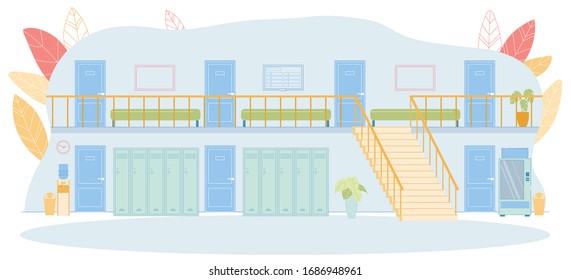 Two Story Building Indoor with Corridor or Hall of University with Stairs, Doors, Cozy Sofa, Schedule or Announcement Board, Food Machine, Trash Bin, Water Filter, Row of Metal Locker on Floor