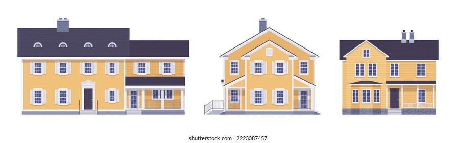 Two story contemporary house cartoon set. Expensive building, urban design amazing exterior with balconies, luxury details, residential, commercial, real estate market. Vector flat style illustration