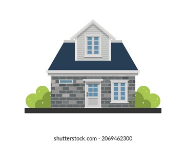 Two story house with brick and wooden wall. Simple flat illustration.
