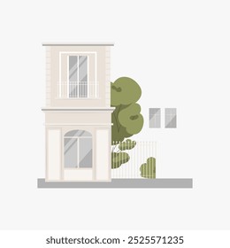 Two story house with a tree in flat vector illustration symbolizing urban residential architecture and landscaping, isolated on white background.