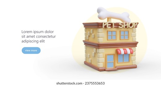 Tienda de mascotas de dos pisos. Mercancías para mascotas. Construcción realista con hueso decorativo gigante. Publicidad web en un estilo lindo, lugar para anunciar. Ver más botón