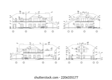 Sección de vivienda privada de dos pisos, dibujo técnico de arquitectura detallado, plano vectorial