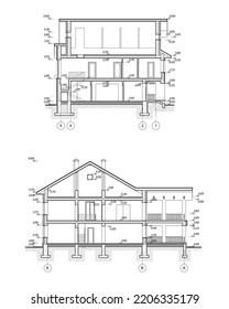 Sección de vivienda privada de dos pisos, dibujo técnico de arquitectura detallado, plano vectorial