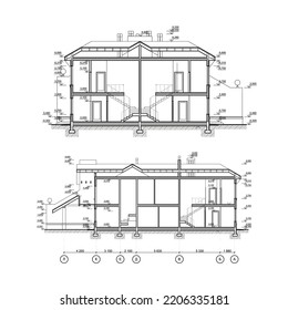 Two story private house section, detailed architectural technical drawing, vector blueprint