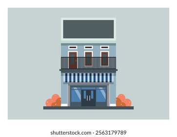 Two story shop house building. Simple flat illustration