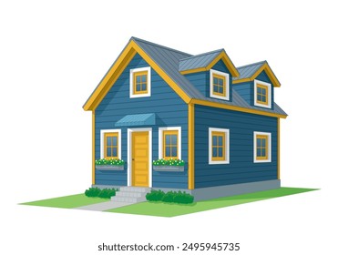 Two Story Wooden House in Perspective View in color navy blue, yellow and white. Vector illustration isolated on white background, eps