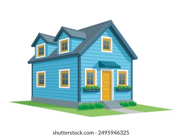 Two Story Wooden House in Perspective View in color light ocean blue, yellow and white. Vector illustration isolated on white background, eps