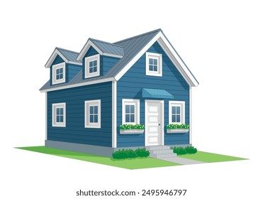 Two Story Wooden House in Perspective View in color navy blue and white. Vector illustration isolated on white background, eps