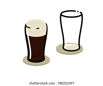 Two stout glasses. One empty, one full of irish beer with scum. Isolated on white background flat line art style.