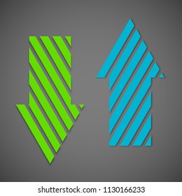 Two straight arrow ribbon. 2 direction right banner shape. Trend arrow stripe form flat icon. Index location. Pointer position. Marker standing. Indicator destination. Origami pointrs design shape set