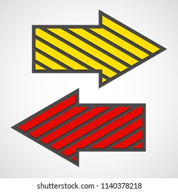 Two straight arrow ribbon. 2 direction right banner shape. Trend arrow stripe form flat icon. Index location. Pointer position. Marker standing. Indicator destination. Origami pointrs design shape set