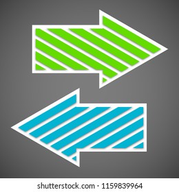 Two straight arrow ribbon. 2 direction right banner shape. Trend arrow stripe form flat icon. Index location. Pointer position. Marker standing. Indicator destination. Origami pointrs design shape set