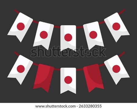 Two strands of Japanese flag bunting display the iconic red Hinomaru circle on white pennants. Set against a dark background, the vibrant colors stand out, perfect for national pride, holidays Japan
