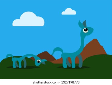 Two strange and cute animals grazing in the field. Vector illustration