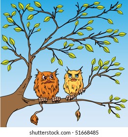 Two strange enamoured beings sit on a tree.