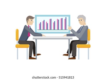 Two strategic management managers demonstrating sales on chart diagram isolated. Strategic planning, marketing, thinking, vision, business strategy, marketing and planning, finance. Vector