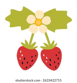 Two strawberries with green leaves and flower, decorative summer style. Trendy modern vector illustration isolated on white background, hand drawn, flat design
