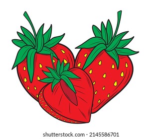 Two strawberries and half a strawberry isolated on a white background. Vector illustration