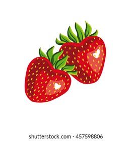 Two strawberries isolated on white background. Strawberries in the shape of heart. Strawberry vector