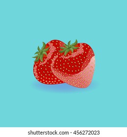 Two strawberries on a blue background. Strawberries logo and icon. Red berries. Hand drawing. Vector illustration.