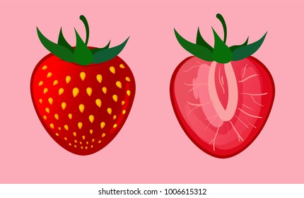 Two strawberries on a pink background. Vector berries. Whole and half of strawberries