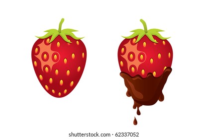 Two strawberries, one of them with dripping chocolate.