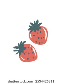 Two strawberries with seeds and green leaves, drawn in a simple cartoon style, vector illustration for children's books and cooking projects