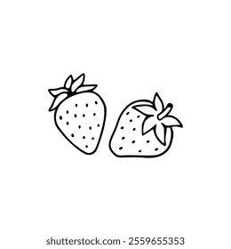 Two strawberries are shown in a line drawing