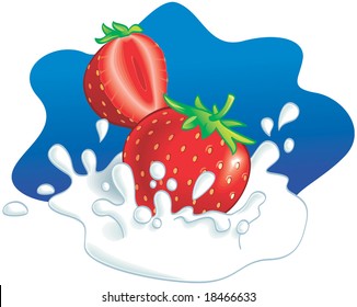 Two strawberries splashing in milk, blue background. Vector illustration