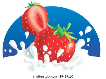 Two strawberries splashing in milk, blue background. Vector illustration