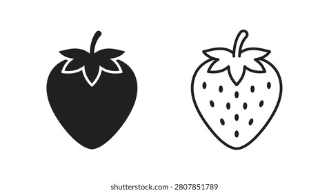 Two strawberry icons are presented as black and white vector illustrations featuring line art and a simple silhouette style.