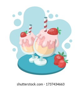 Two strawberry milkshakes in glass goblets with strawberries and striped straws. Cartoon vector illustration isolated on white background.