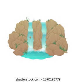 Two stream mountain waterfall running among light brown rocks with green grass and flowing into a lake isolated on a white background. Cartoon vector illustration.