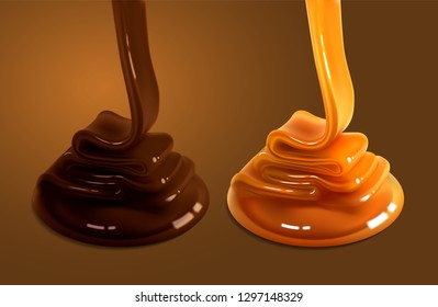 Two Streams Of Caramel Of Golden And Chocolate 