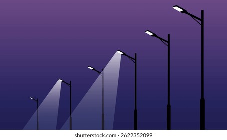 Two street lamps glow softly on a deep blue and purple night, casting gentle light spots in a quiet, minimalist scene.