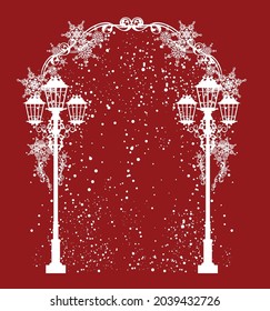 two street lights among falling snow and frozen snowflakes forming festive arch border - christmas time vector urban silhouette design