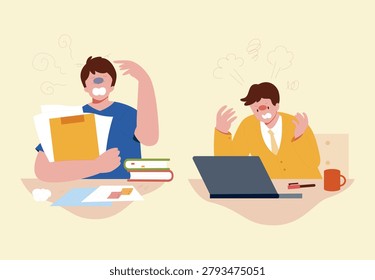 Two stressed men experiencing workplace burnout, with excessive tasks and computer problems. Cartoon vector illustration shows frustration from overwhelming work and technical difficulties.
