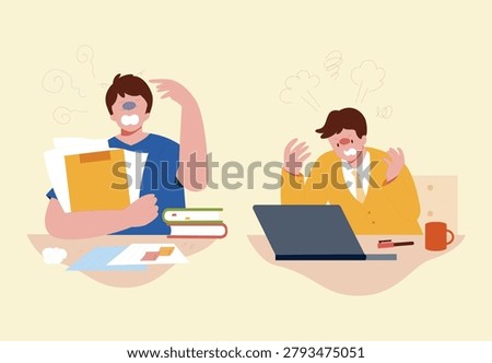 Two stressed men experiencing workplace burnout, with excessive tasks and computer problems. Cartoon vector illustration shows frustration from overwhelming work and technical difficulties.