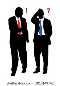 Two stressed worried businessmen with problems talking