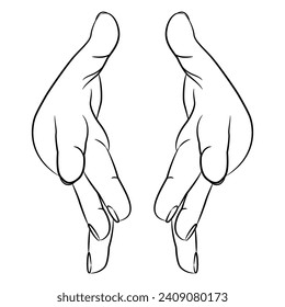Two stretched forward human hands with open fingers in dynamic release gesture. Cartoon style. Black and white linear silhouette. Front view. 