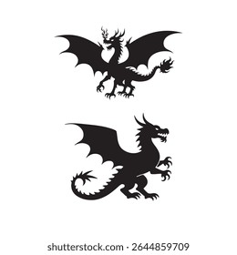 Two striking black silhouette dragon illustrations are set against a clean white background. antasy.