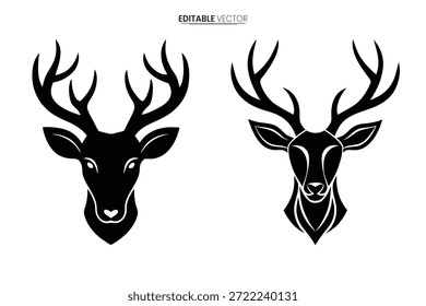 Dos llamativos diseños de cabeza de ciervo presentados en Vector blanco y negro, mostrando elegantes siluetas.