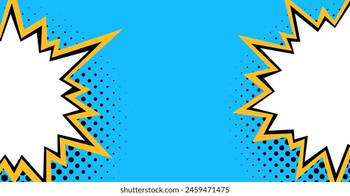 Two striking white starbursts with bold yellow and black outlines, set against a vibrant blue background with a dotted texture, reminiscent of classic comic book excitement.