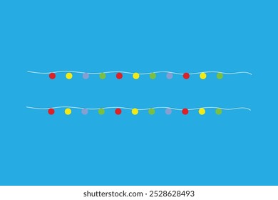 Duas cordas de luzes de festa coloridas e redondas em vermelho, amarelo, verde e azul são suspensas horizontalmente contra um fundo azul vibrante. 